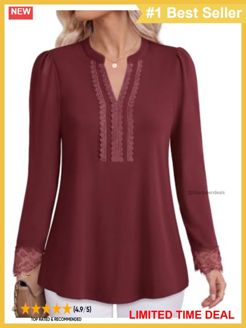 Womens Lace Trim V Neck Long Sleeve Blouse Dressy Casual Cotton Top